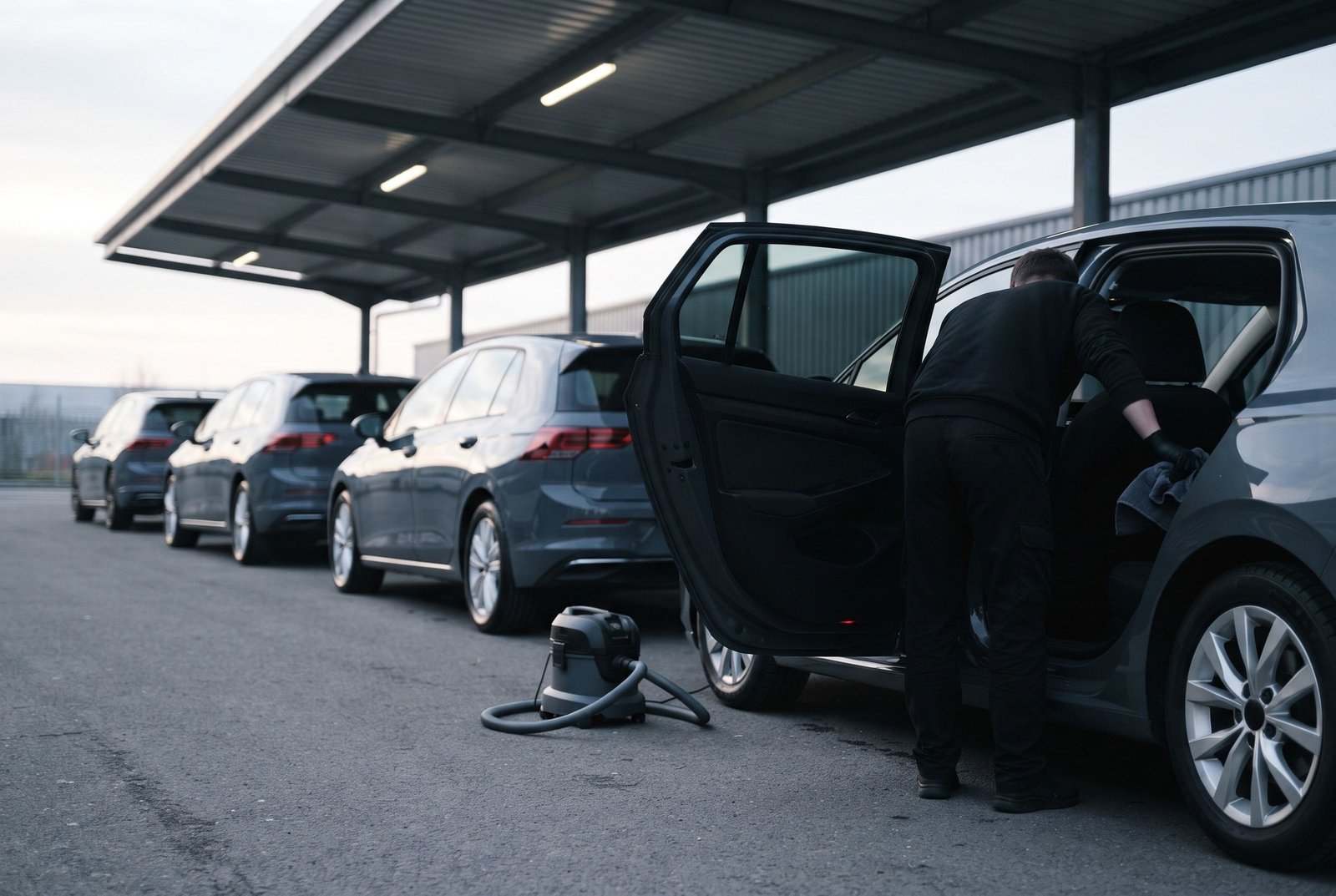Parking d'entreprise, véhicules de service alignés