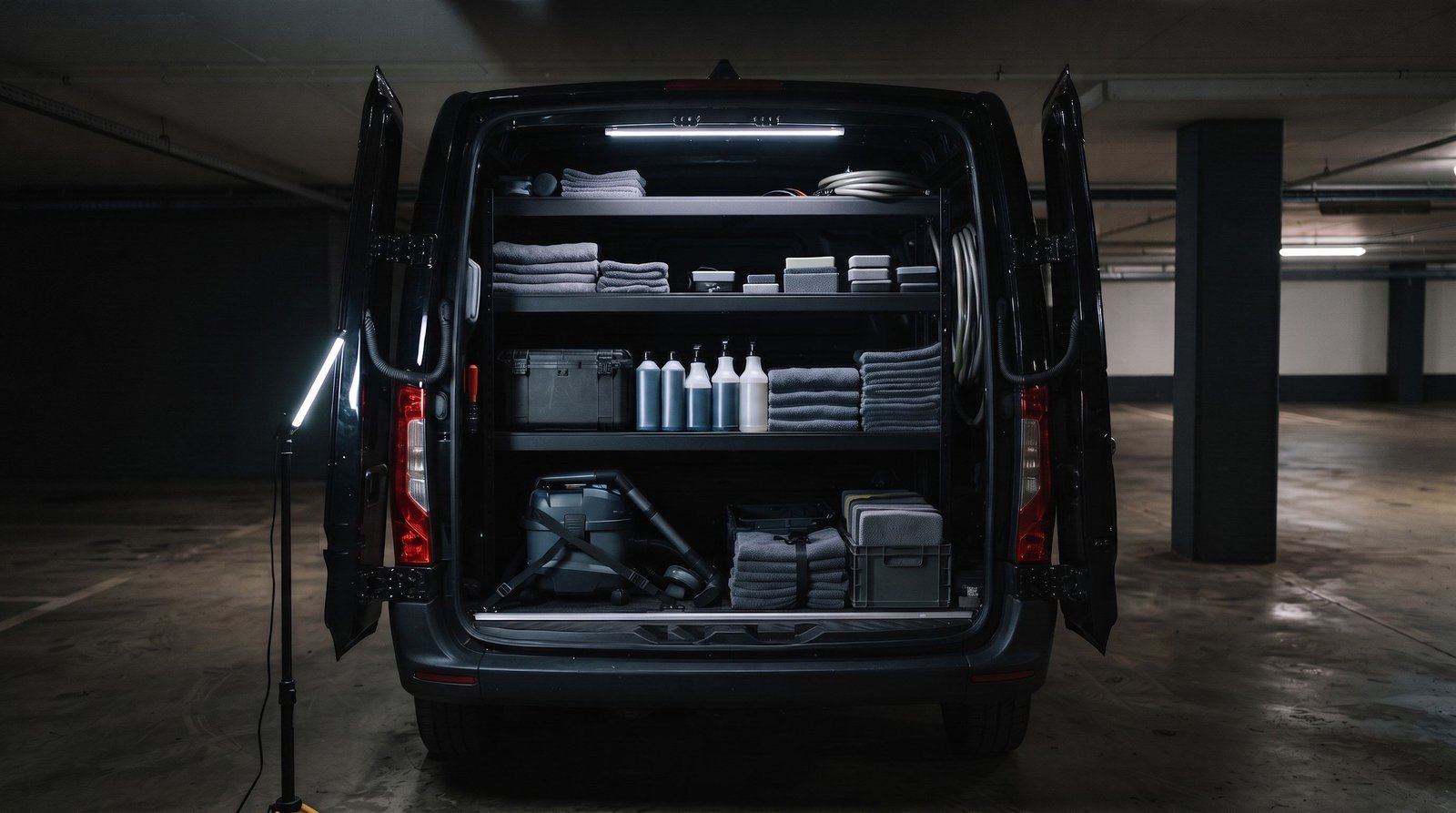 Coffre d'utilitaire avec le matériel de detailing rangé